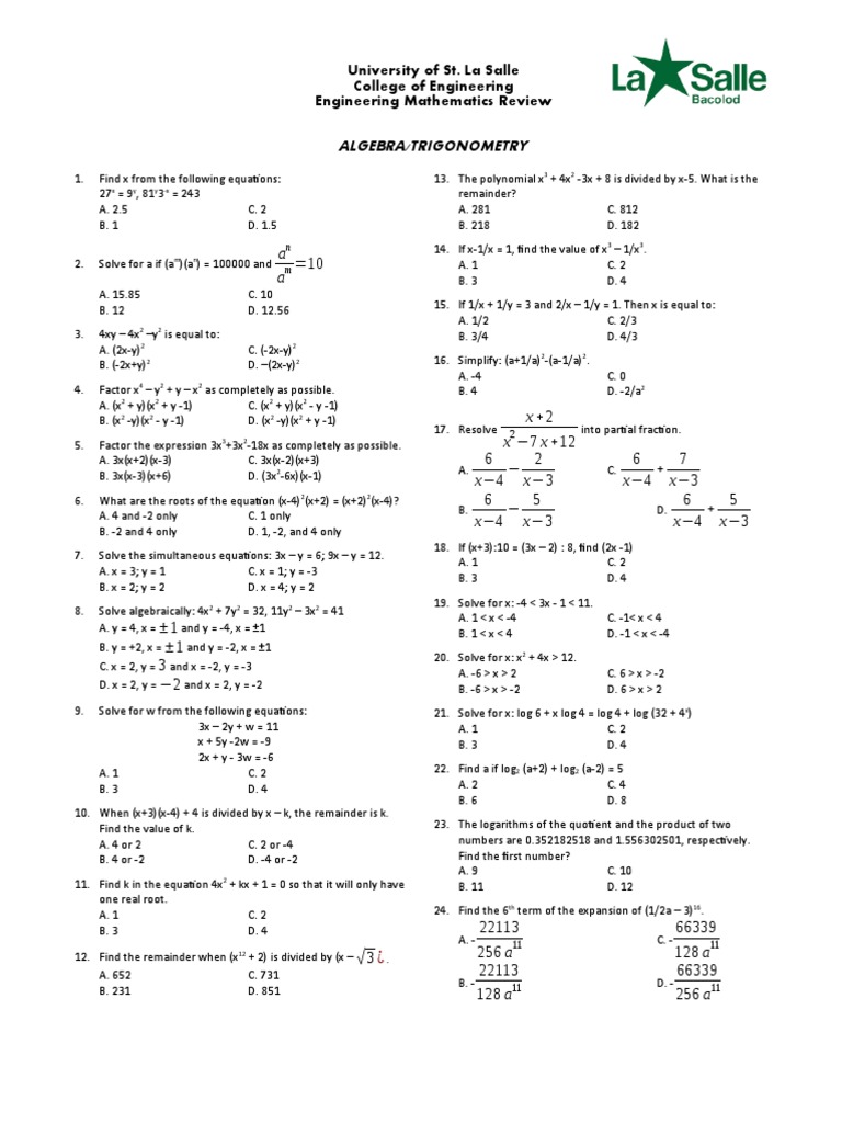 Engineering Mathematics Review: Algebra & Trigonometry | PDF | Algebra ...