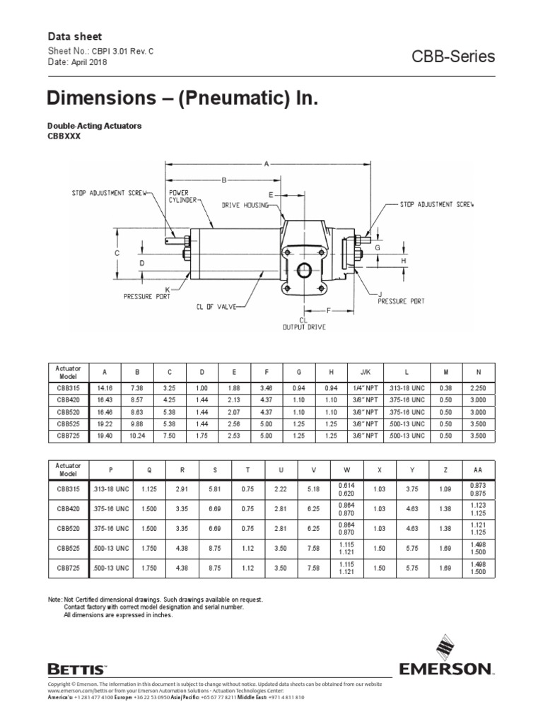 Product Data Sheet CBB Pneumatic Dimensions Data Imperial Bettis en