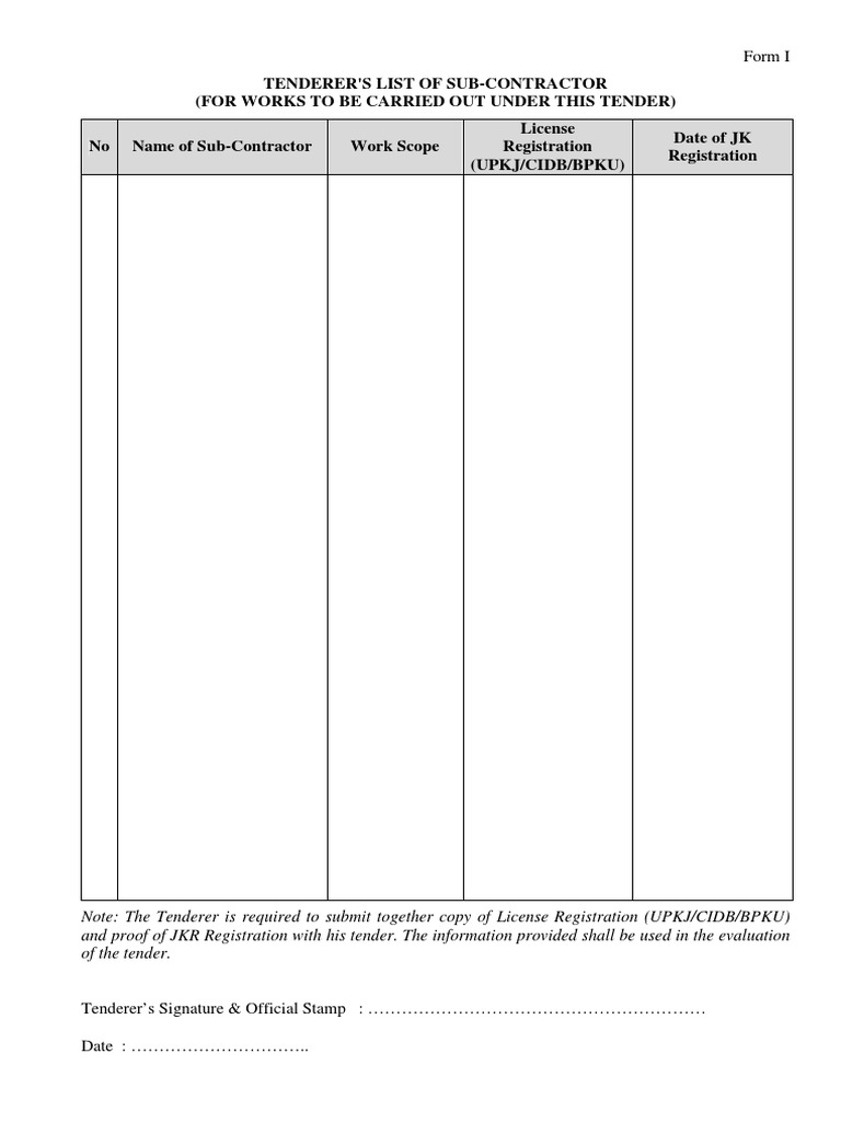 Sub-Contractor Registration for Tender | PDF