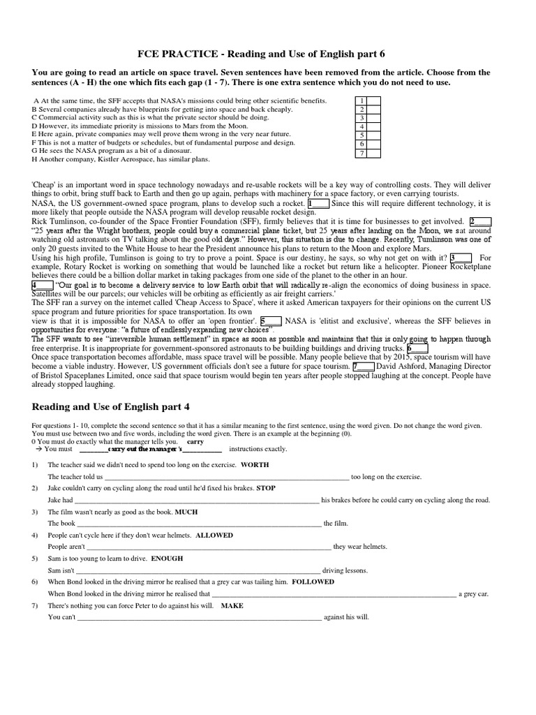 FCE Practice: Space Travel Reading Exercise | PDF | Nasa | Spaceflight