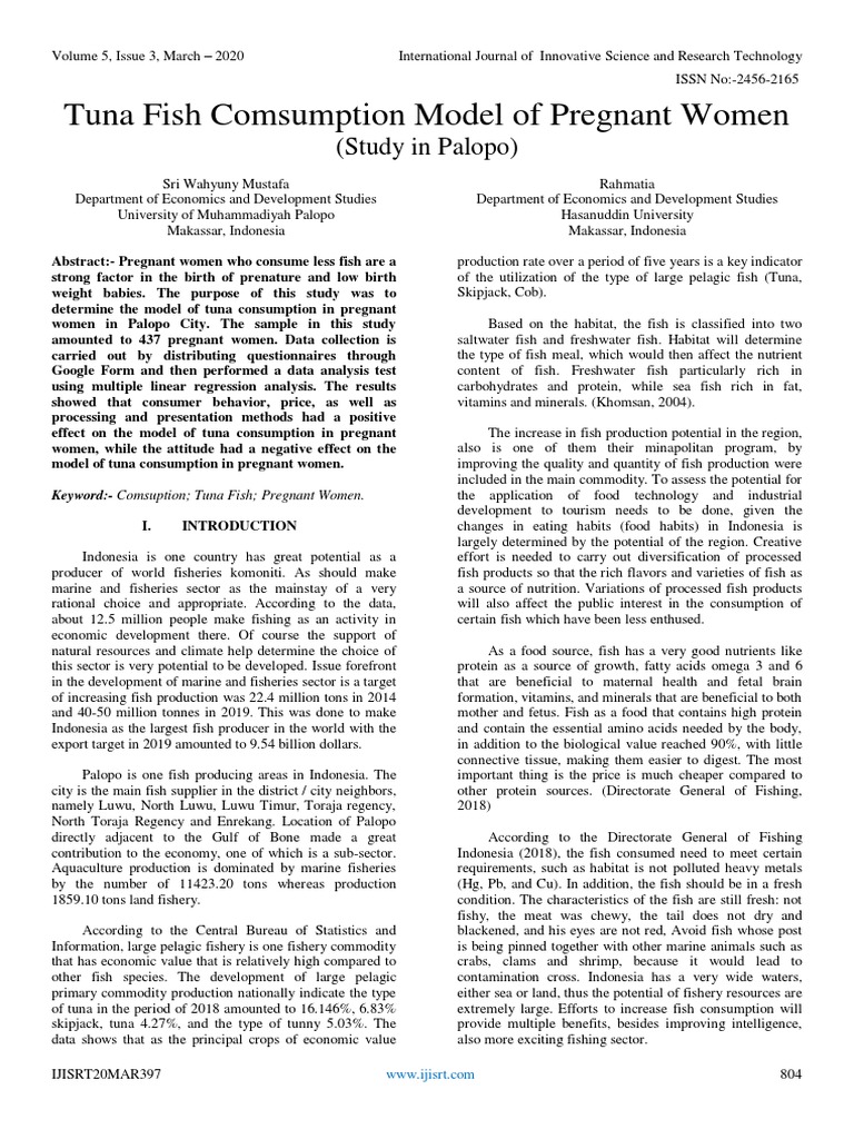 Tuna Fish Comsumption Model of Pregnant Women PDF Omega 3 Fatty