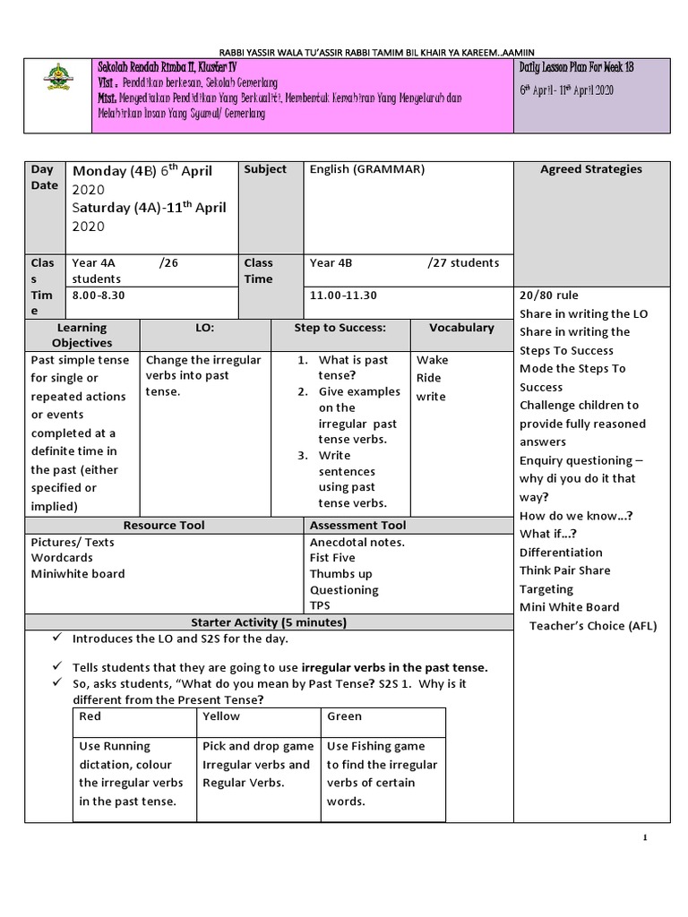 Past Tense Lesson Plan for Year 4 | PDF | Lesson Plan | Question