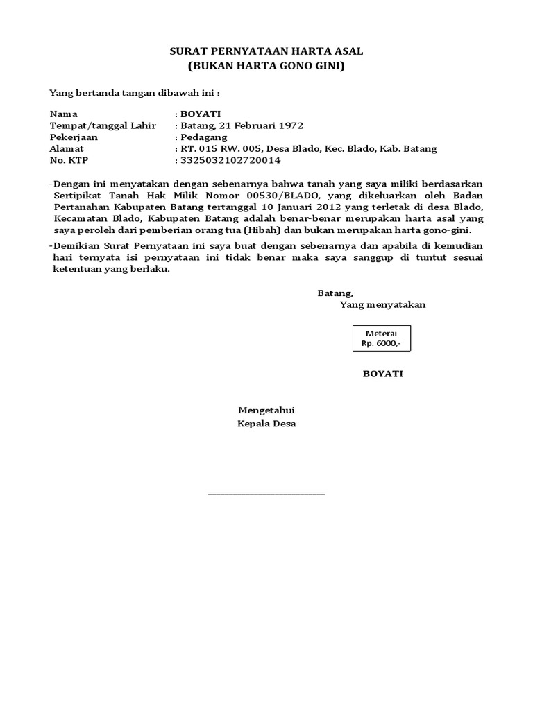 Surat Pernyataan Harta Asal (Bukan Harta Gono-Gini) Boyati | PDF
