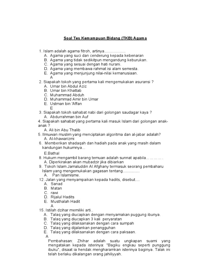 Contoh Soal Tes Kemampuan Bidang Agama Guru Galeri