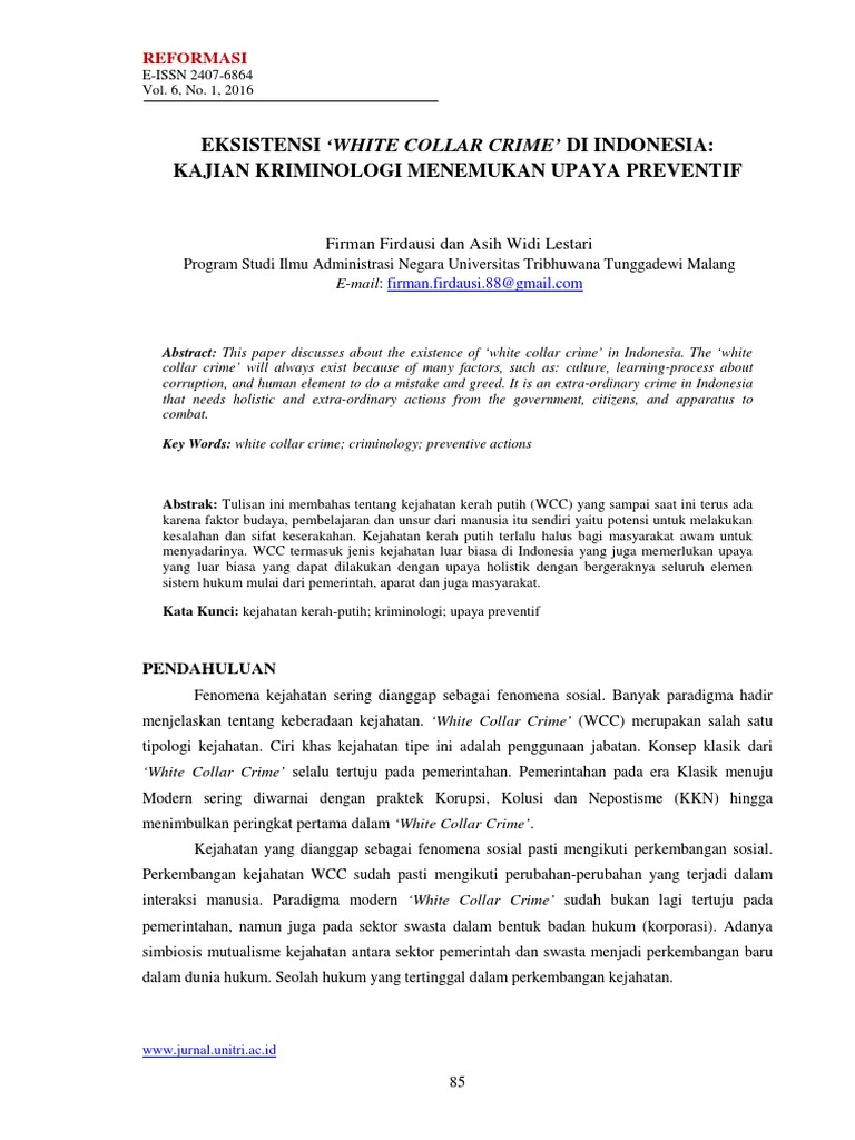 Eksistensi White Collar Crime Di Indonesia Kajian Kriminologi Menemukan Upaya Preventif