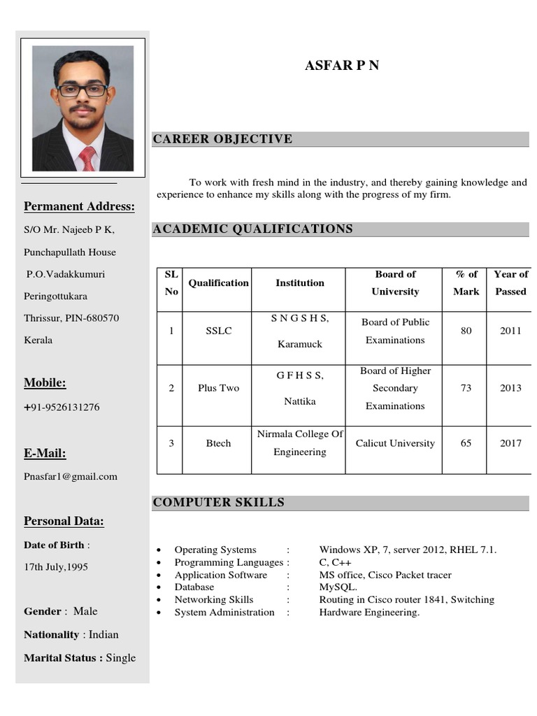 Asfar P N: Career Objective | PDF | Computer Network | Operating System