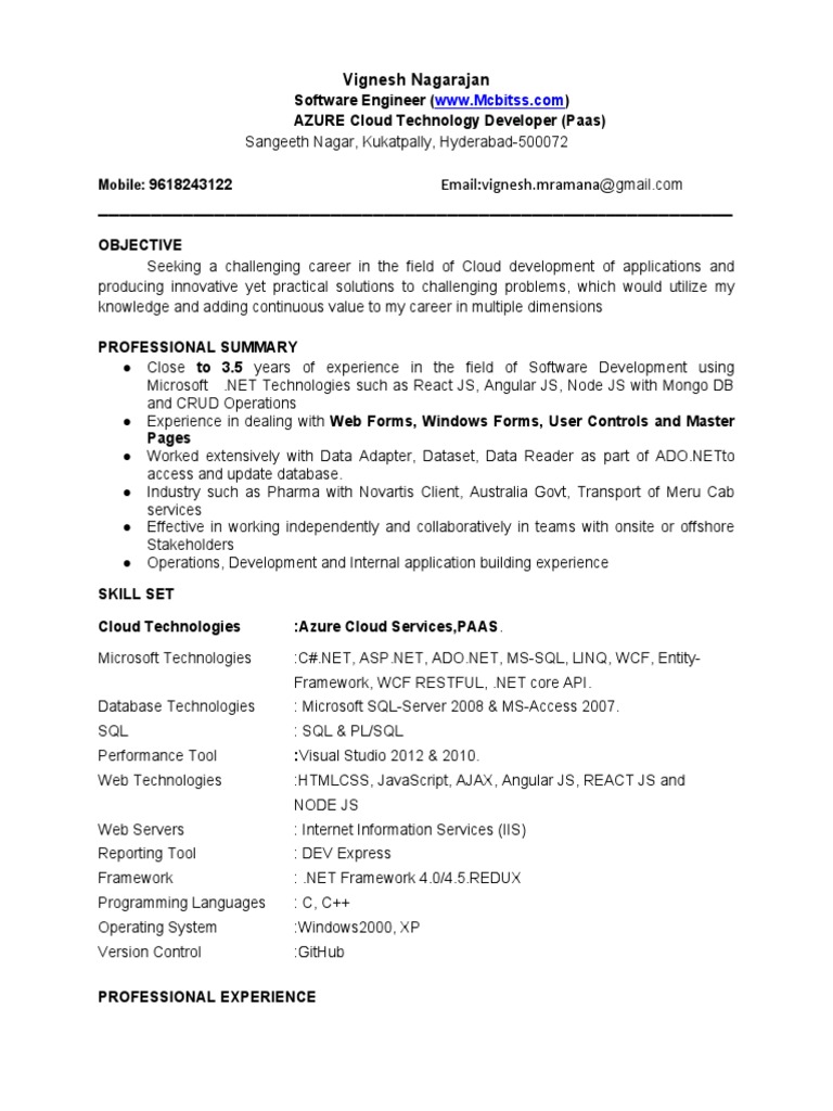 Azure Cloud Developer Resume | PDF | Microsoft Sql Server | Cloud Computing