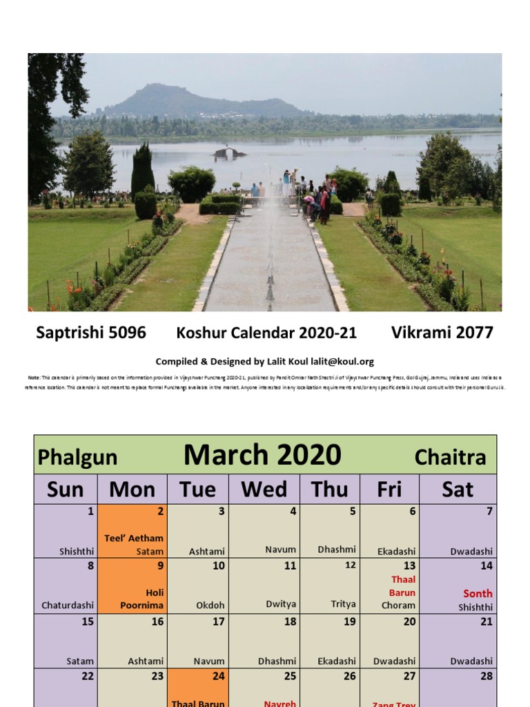 Saptrishi 5096 Vikrami 2077 Koshur Calendar 202021 PDF Religious