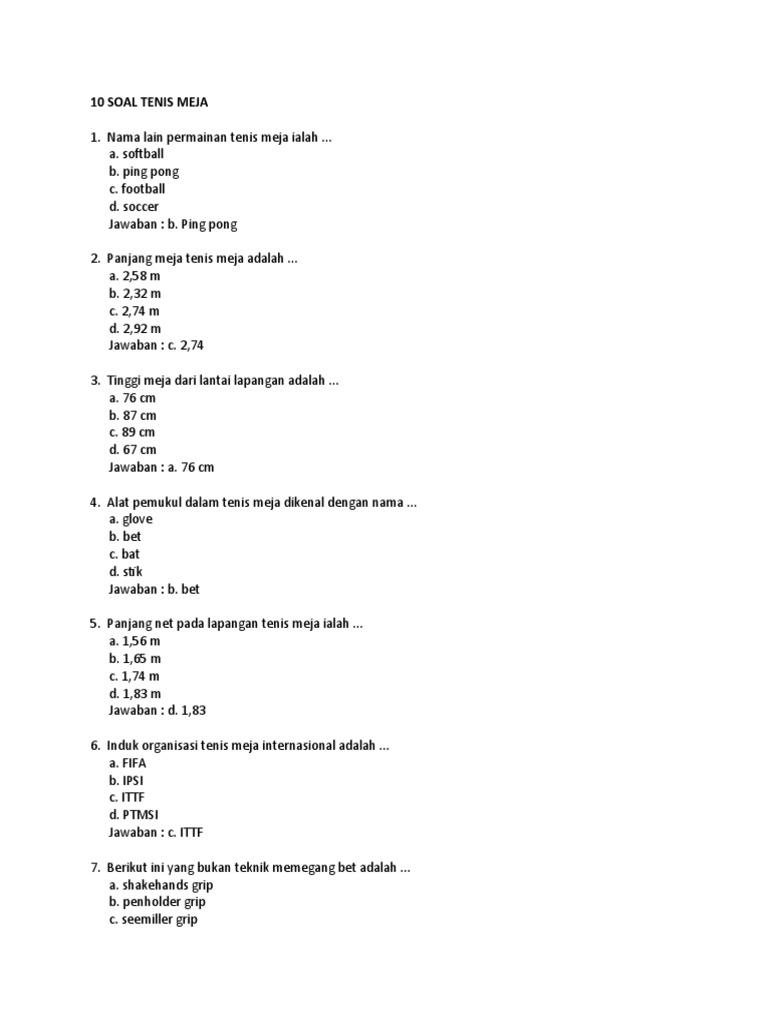 Soal Tenis Meja Dan Bulu Tangkis