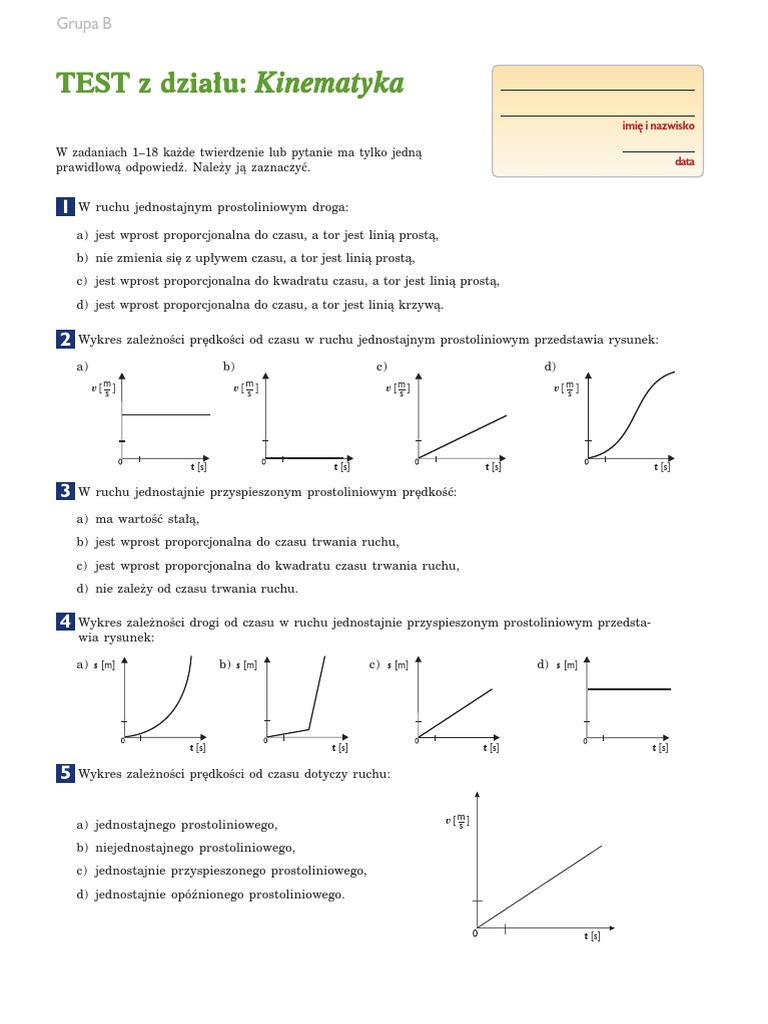 Kinematyka Sprawdzian Klasa 7 Odpowiedzi Test 4 Kinematyka Grupa B PDF | PDF