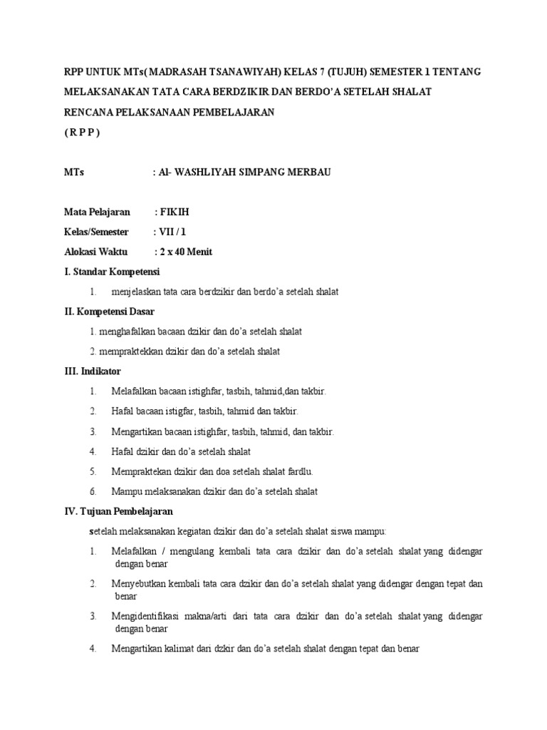 RPP Fikih Dzikir dan Doa MTs Kelas 7 | PDF