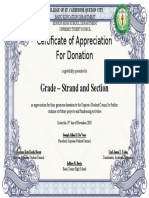 Certificate of Appreciation For Donation: Grade - Strand and Section