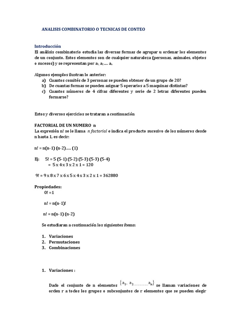 Técnicas de Conteo en Análisis Combinatorio | PDF | Combinatoria ...