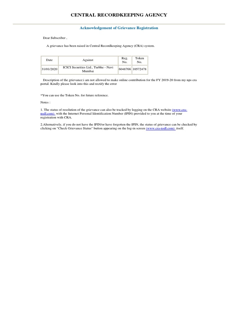 Central Recordkeeping Agency Acknowledgement of Grievance Registration