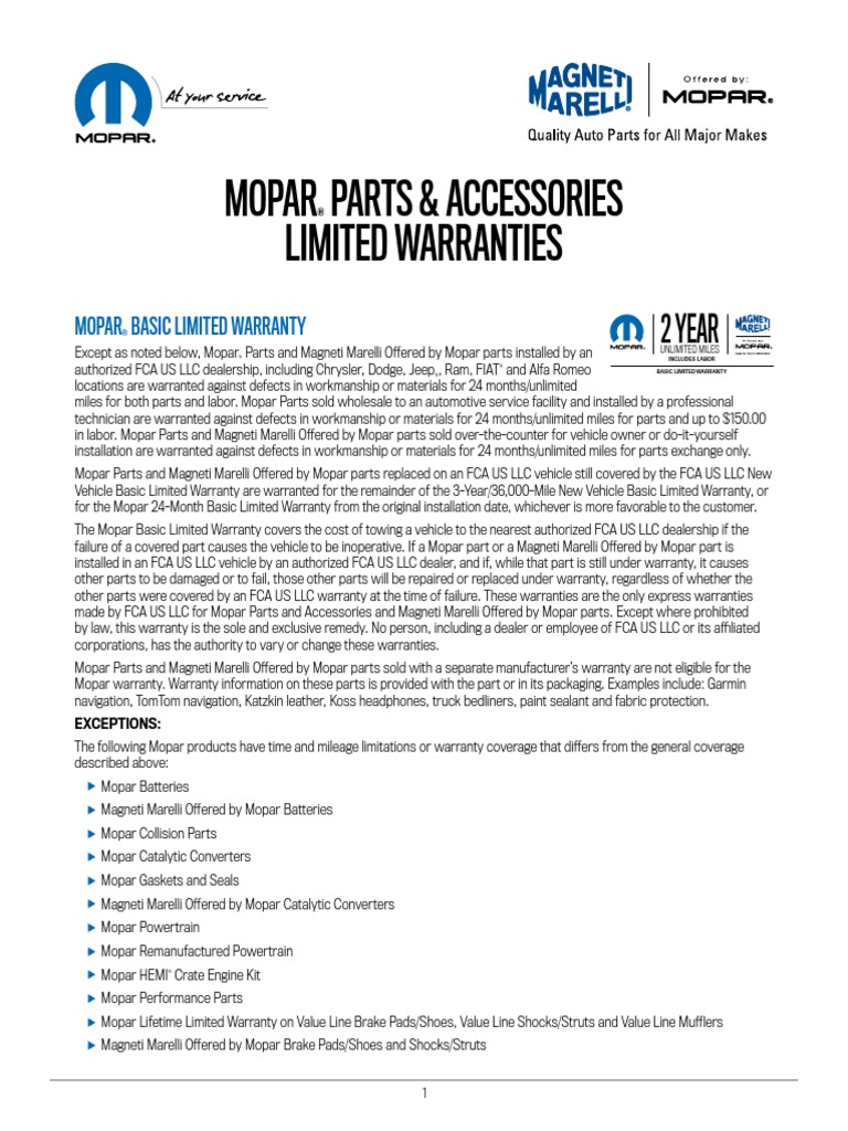 Mopar Parts & Accessories Limited Warranties 2 Year PDF Motor