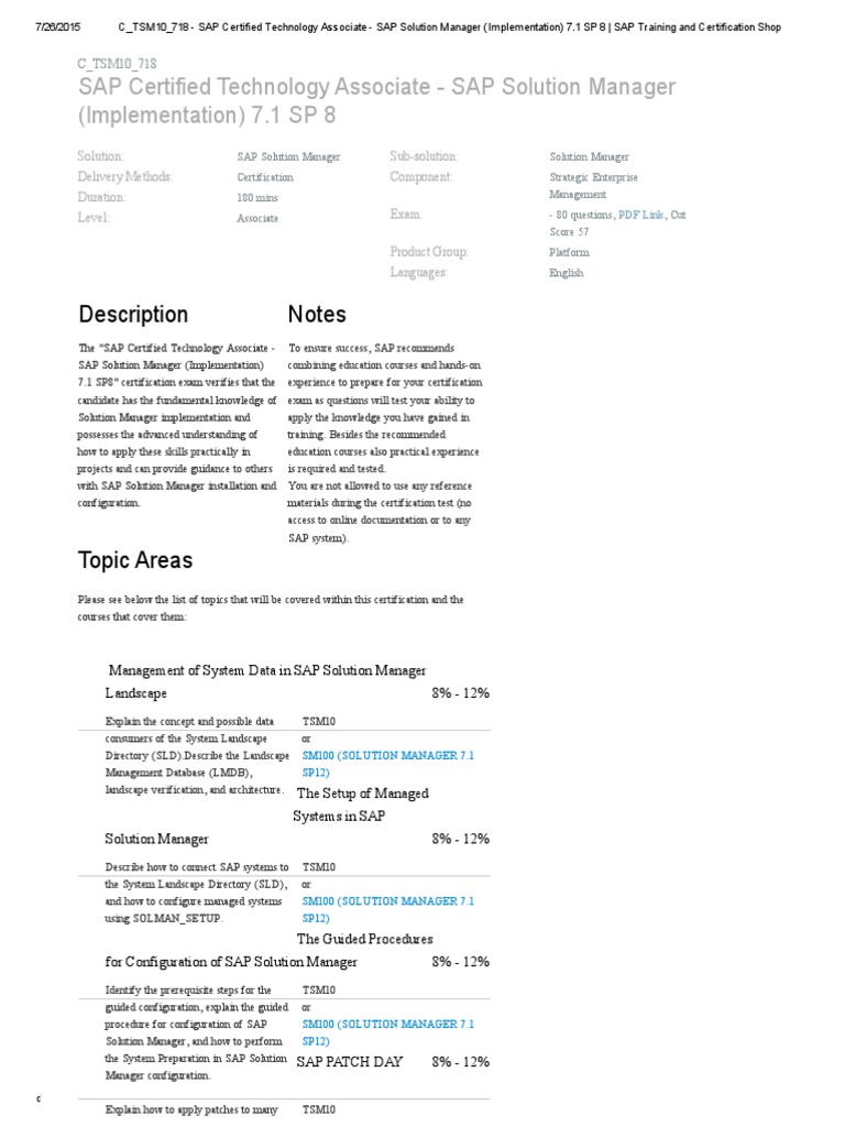 C Tsm10 718 Sap Solution Manager Pdf Certification Sap Se