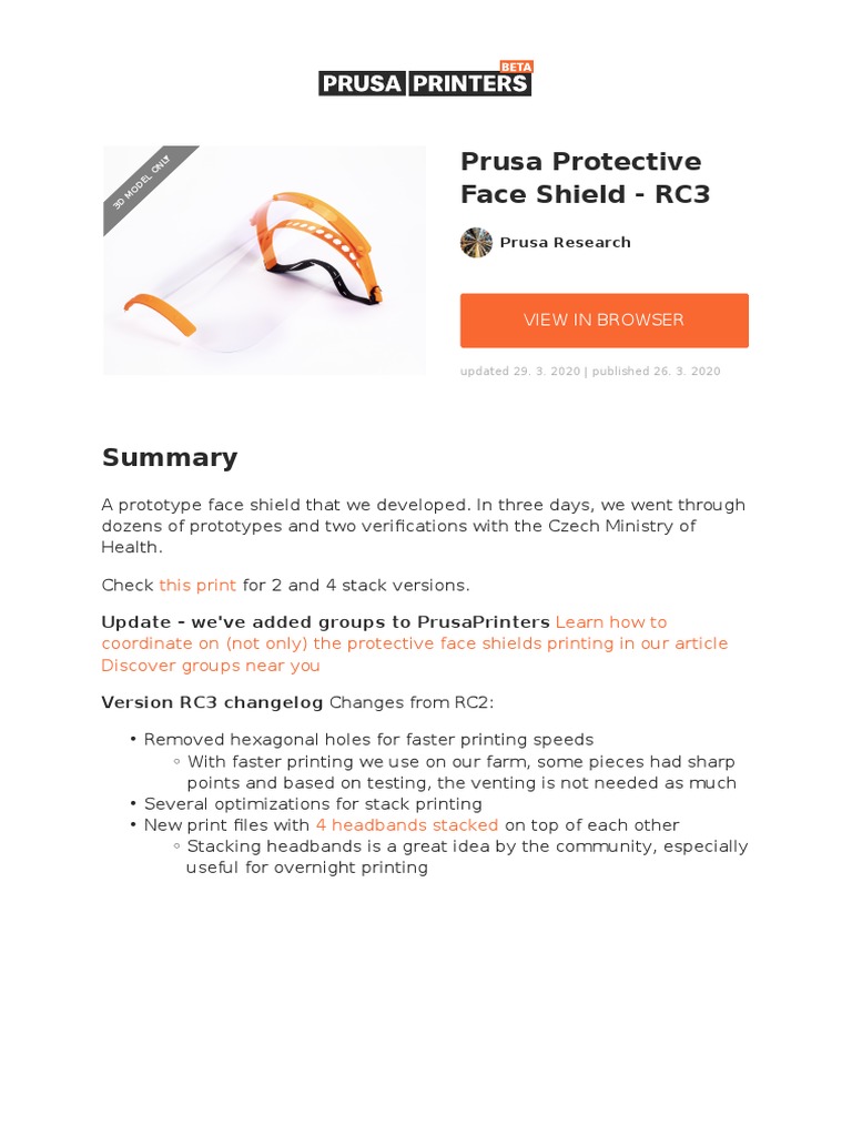 Prusa Protective Face Shield RC3 Design | PDF