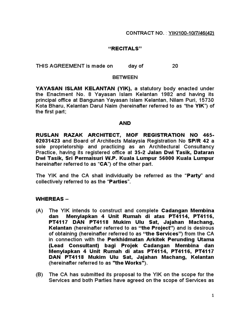 YIK Architectural Consultancy Agreement | PDF | Professional Liability ...