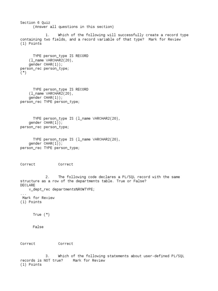 PL/SQL Record and Rowtype Quiz | PDF | Pl/Sql | Database Index