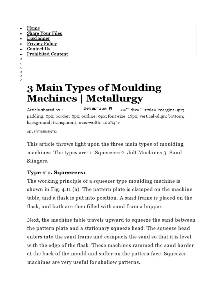 3 Main Types of Moulding Machines Metallurgy PDF Nature