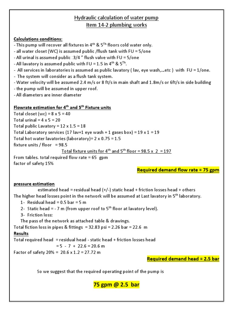 Pump Calculations PDF Toilet Hydraulic Engineering