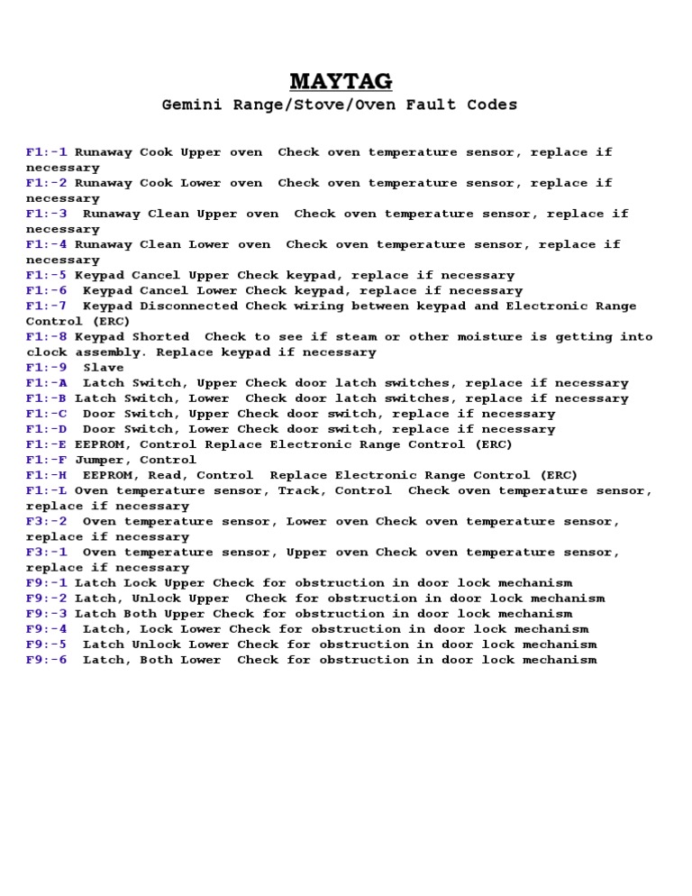 Maytag Gemini Range Stove Oven Fault Codes PDF