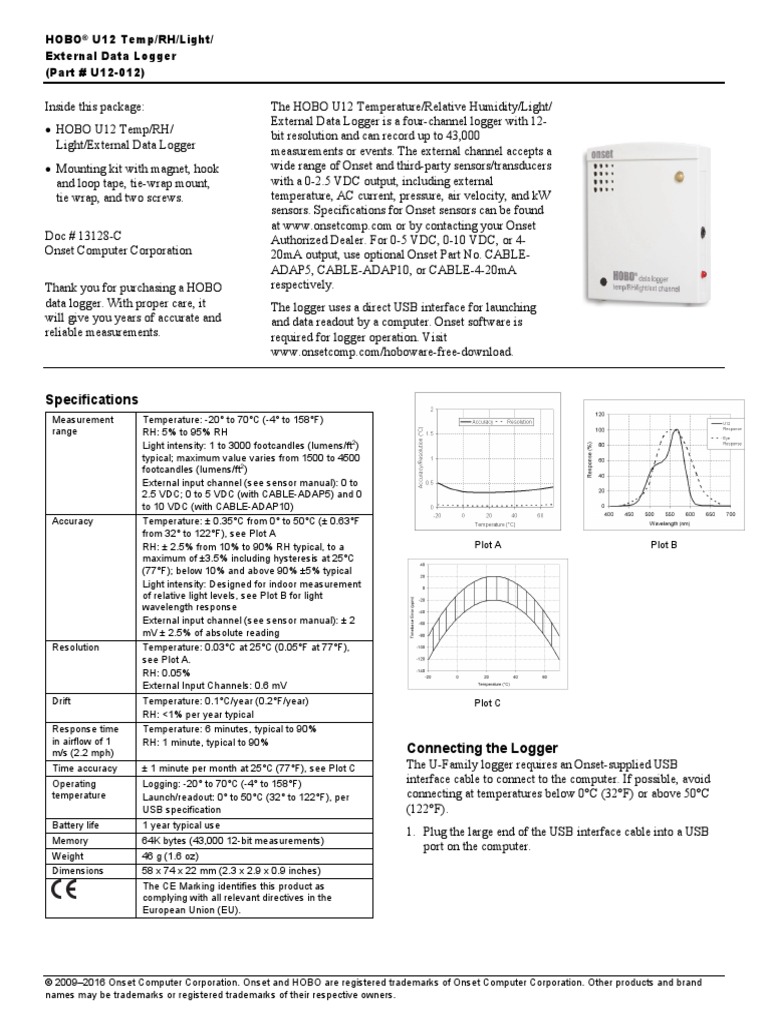 Specifications Hobo U12 Temp/RH/Light/ External Data Logger (Part