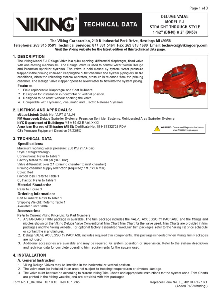 Viking Model F-1 Deluge Valve Specs | PDF | Fire Sprinkler System | Valve