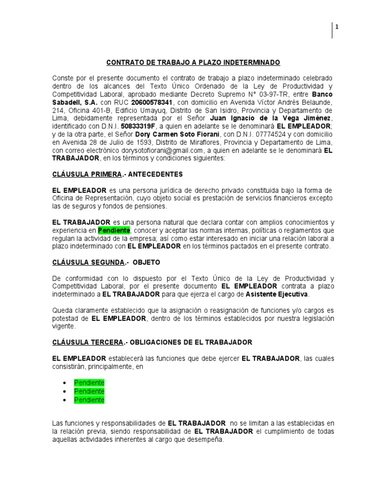 Modelo Contrato De Trabajo Indefinido Derecho Laboral Salario