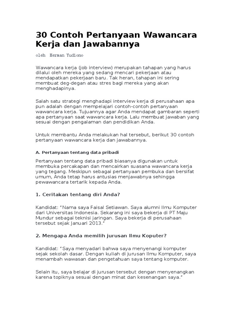 30 Contoh Pertanyaan Wawancara Kerja Dan Jawabanny Pdf
