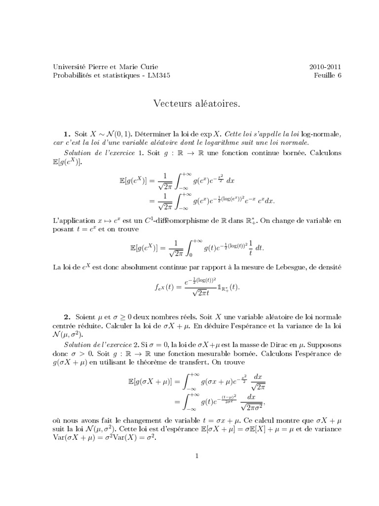 Lm345 Td6 Corr Variable Aleatoire A Densite Loi De Probabilite