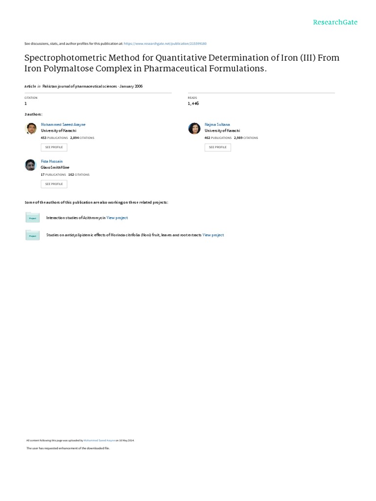 Spectrophotometric Method For Quantitative Determination of Iron III ...
