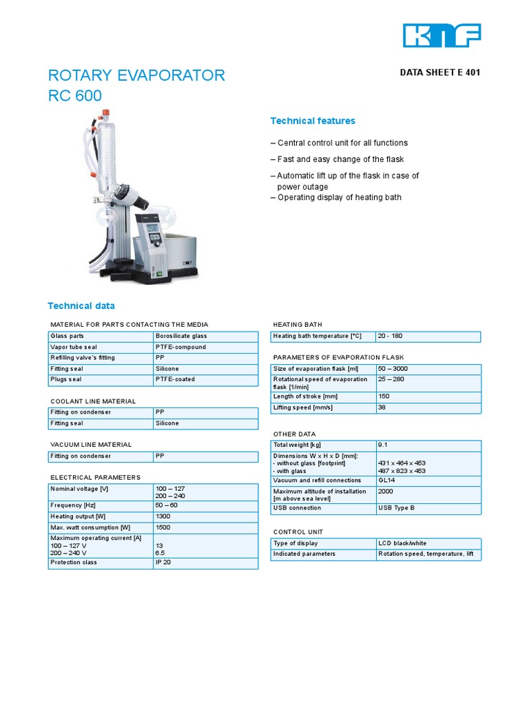Rotary Evaporator RC 600 Technical Features PDF Manufactured Goods