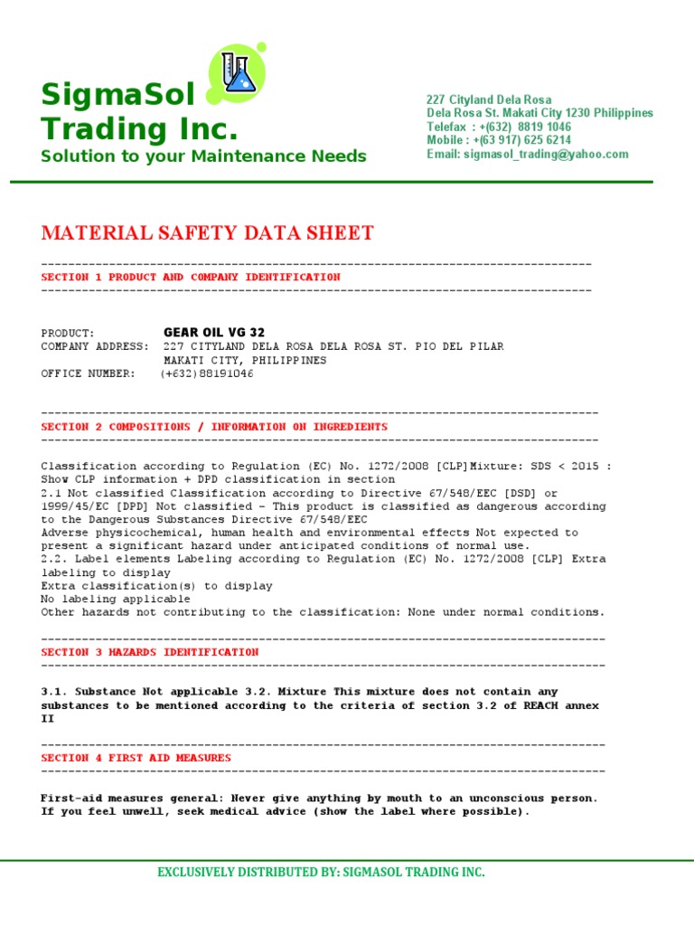 MSDS Gear Oil FG 220 PDF Dangerous Goods Firefighting