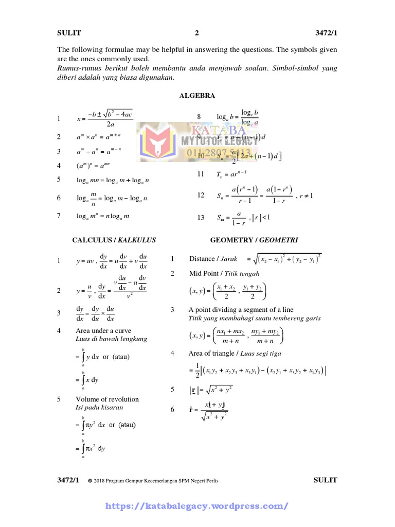 SPM 2018 Add Maths Formula Guide | PDF | Median | Quadratic Equation