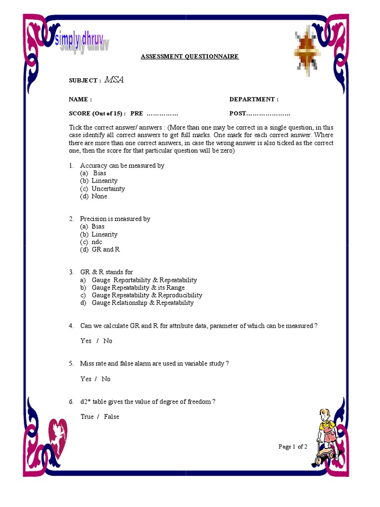 Assessment Questionnaire: Page 1 of 2 | PDF