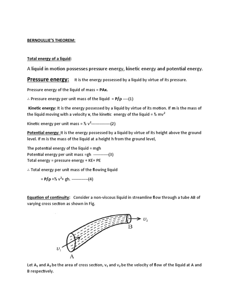 Bernoulli's Theorem: Energy in Fluids | PDF | Fluid Dynamics | Pressure