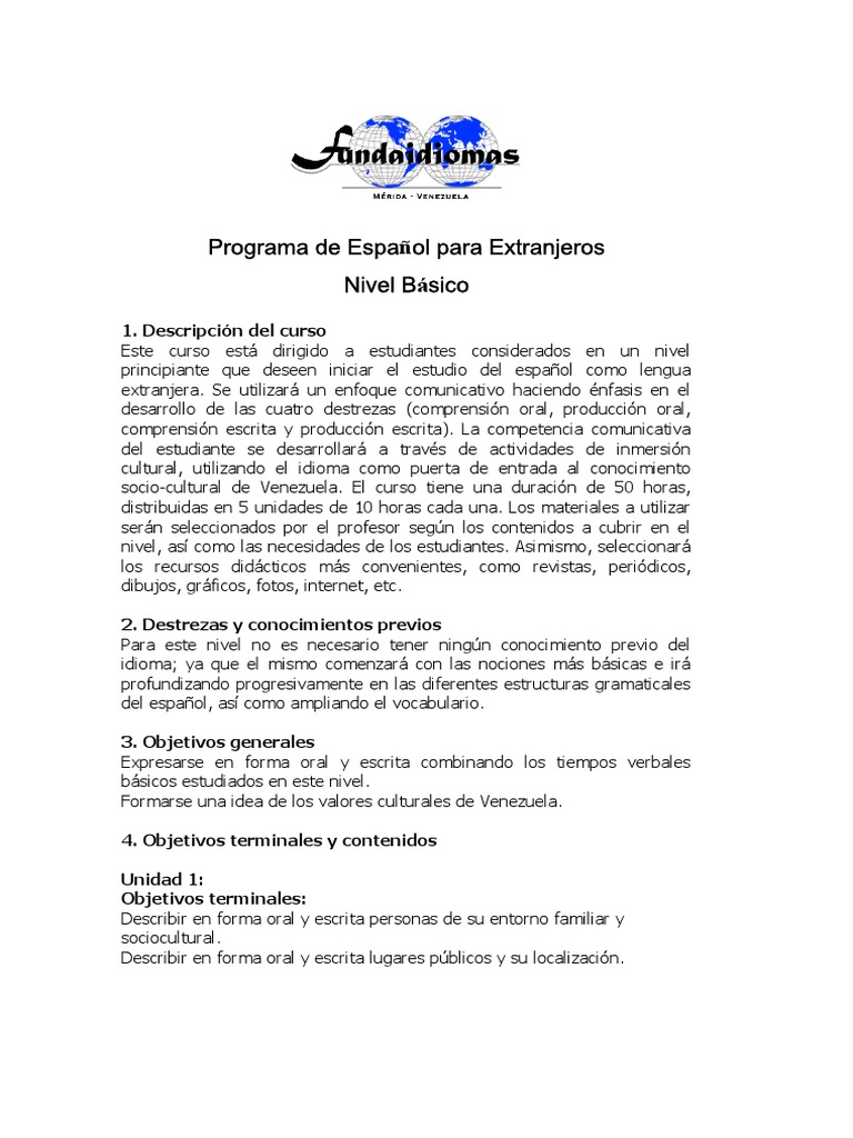 Programa de Español para Extranjeros Nivel Básico | PDF | Verbo | Adjetivo