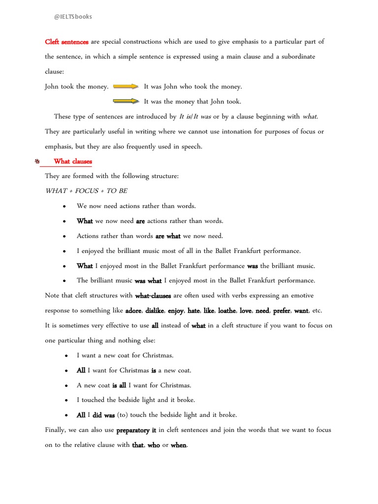 Cleft Sentences: Structure and Exercises | PDF | Clause | Sentence ...
