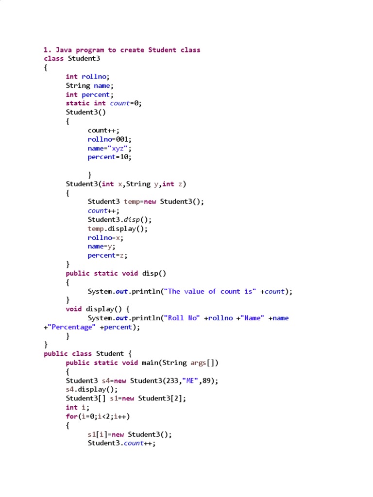 Java Program To Create Student Class