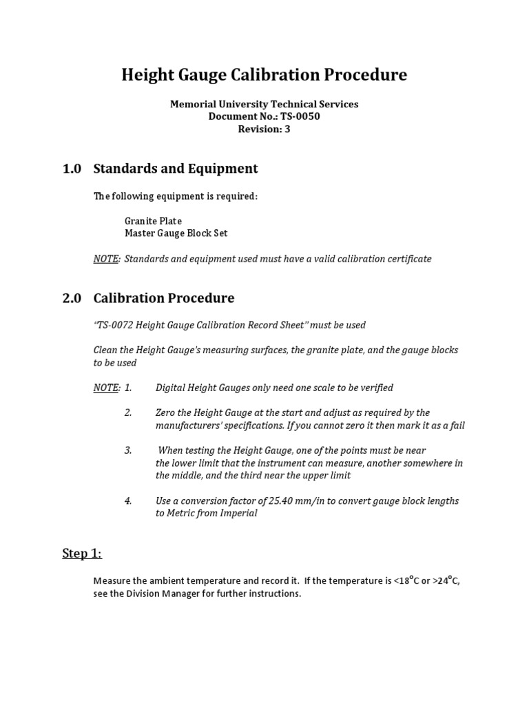 Height Gauge Calibration Procedure | PDF