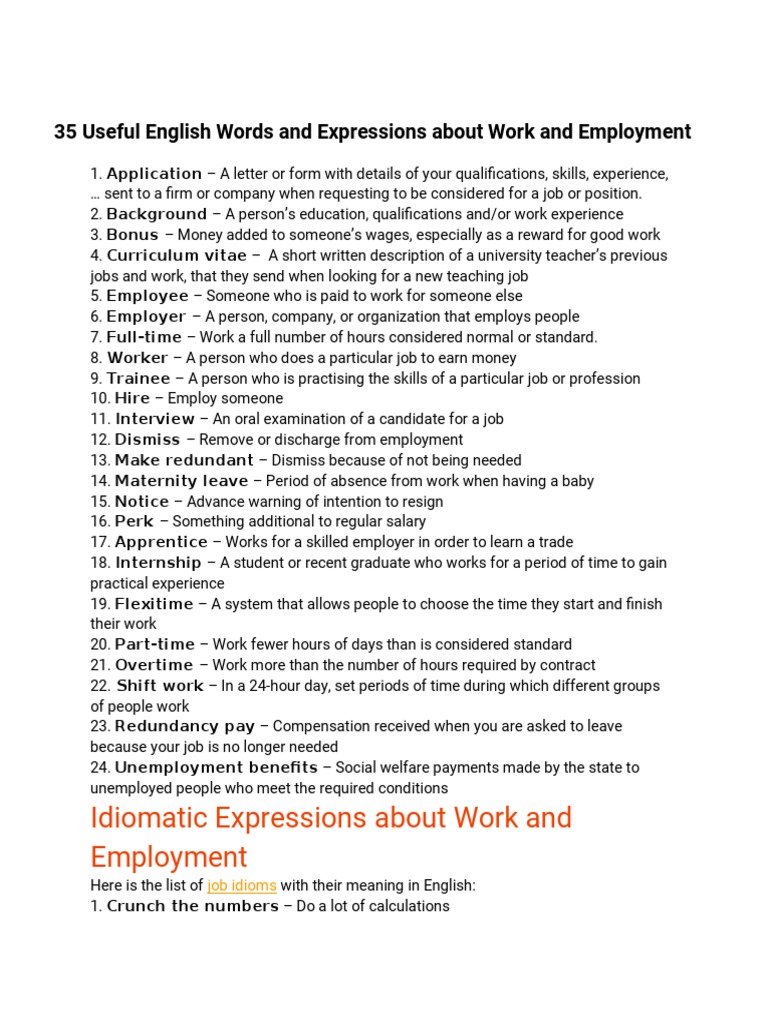 Work Vocabulary: 35 Essential Terms | PDF | Employment | Labor