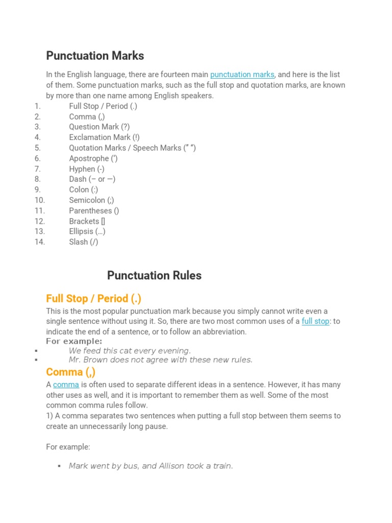 Punctuation Marks Full Stop Period Pdf Punctuation Comma