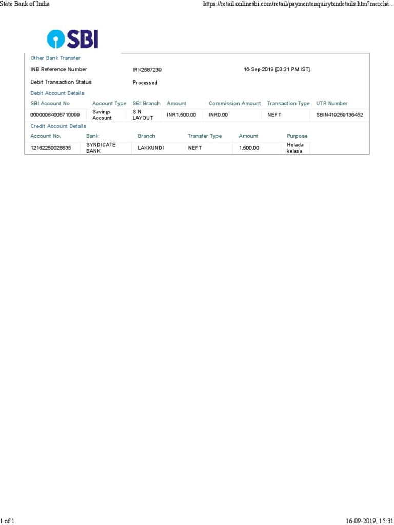 INB Reference Number IRK2587239 16-Sep-2019 (03:31 PM IST) Debit ...