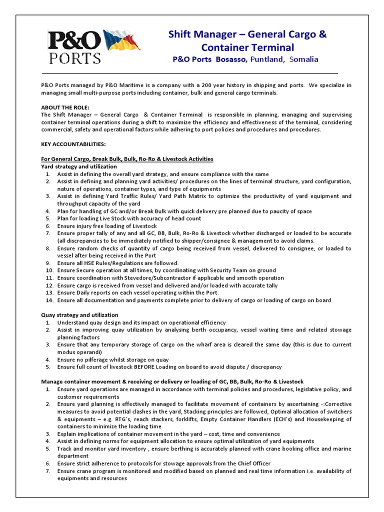 Shift Manager for Cargo Operations | PDF | Cargo | Port