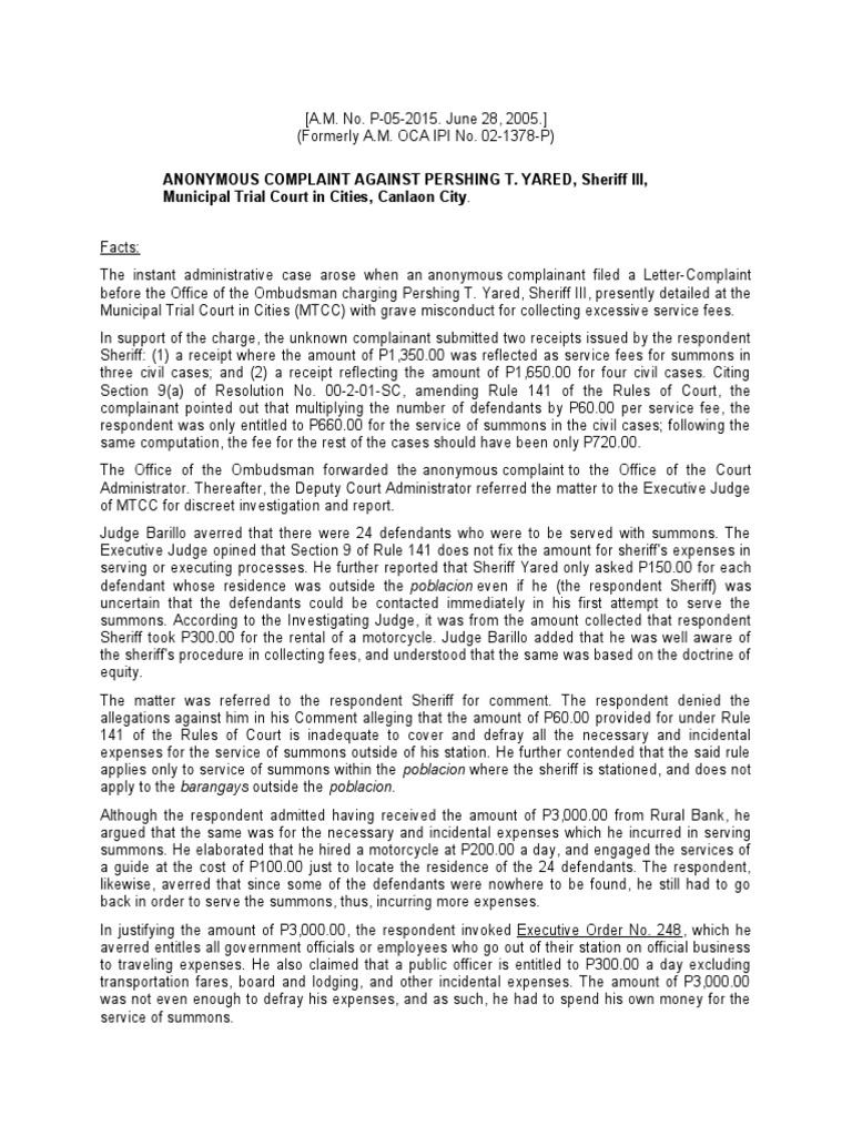 9 Anonymous Complaint Against Pershing T. Yared PDF Summons Sheriff