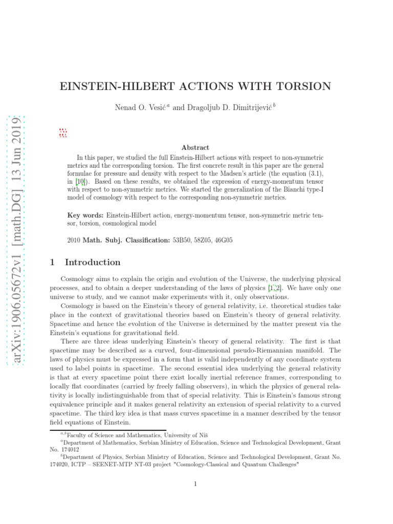 Einstein Hilbert Action With Torsion PDF General Relativity Spacetime