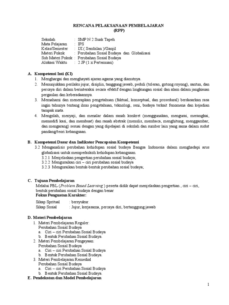 1 Rpp Perubahan Sosial Kelas Ix
