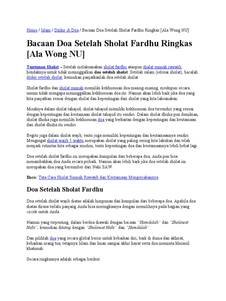 Bacaan Doa Setelah Sholat Fardhu Ringkas Ala Wong Nu