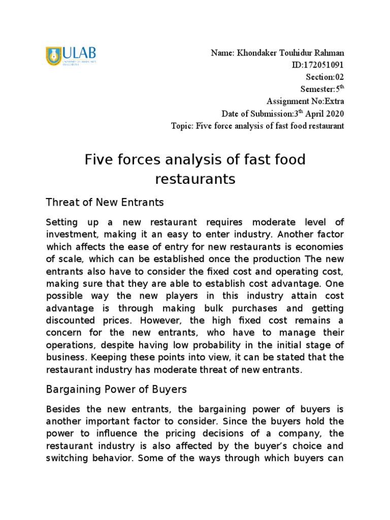 Five Forces Analysis of Fast Food Restaurants | PDF | Supply Chain ...